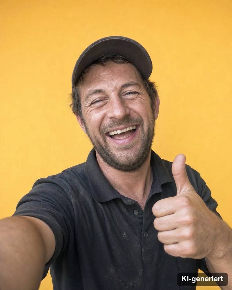 Lachender Mitarbeiter mit Daumen hoch